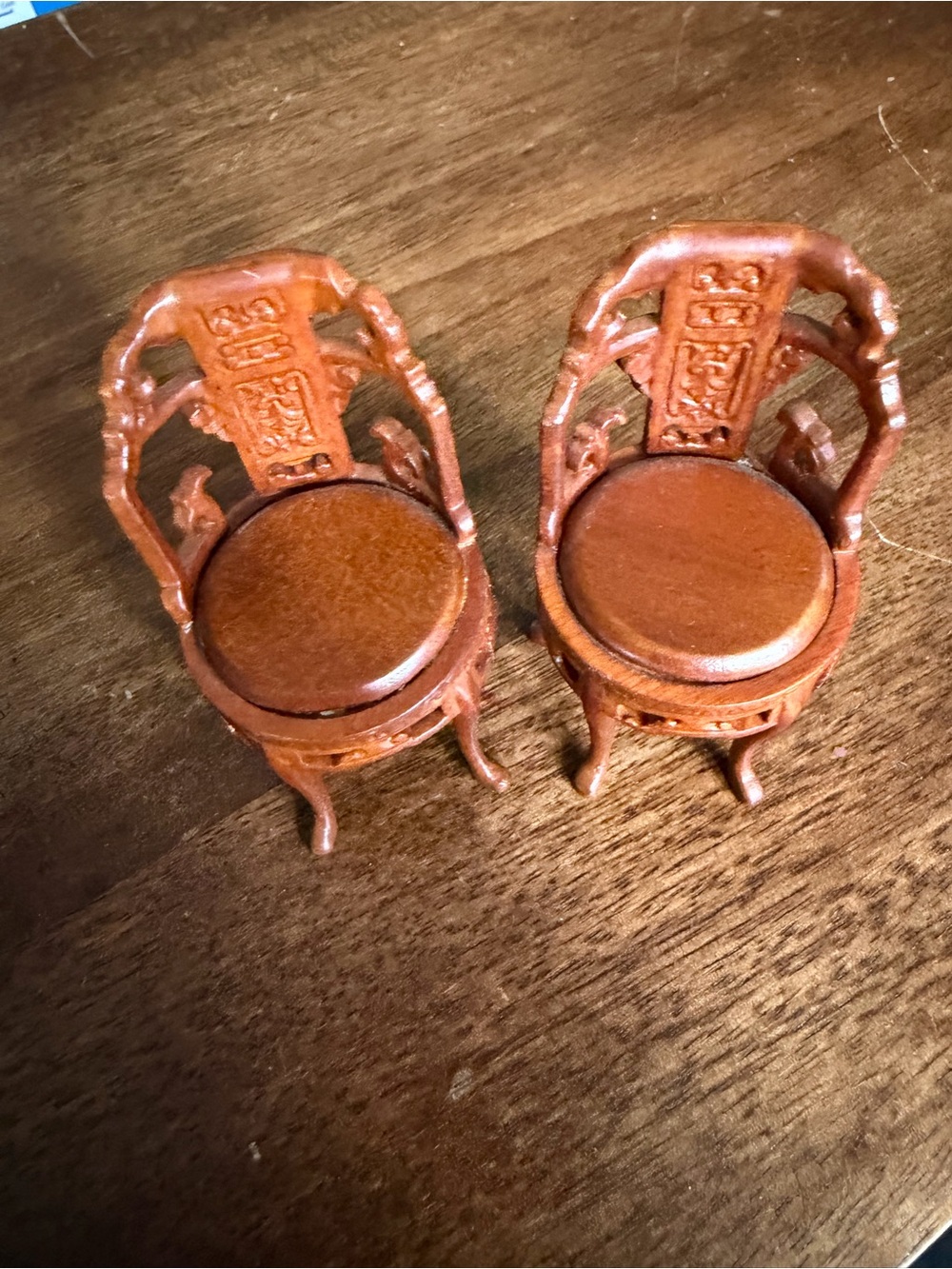 Dollhouse Miniature Pair of Carved Miniature Wood Chairs - Brown